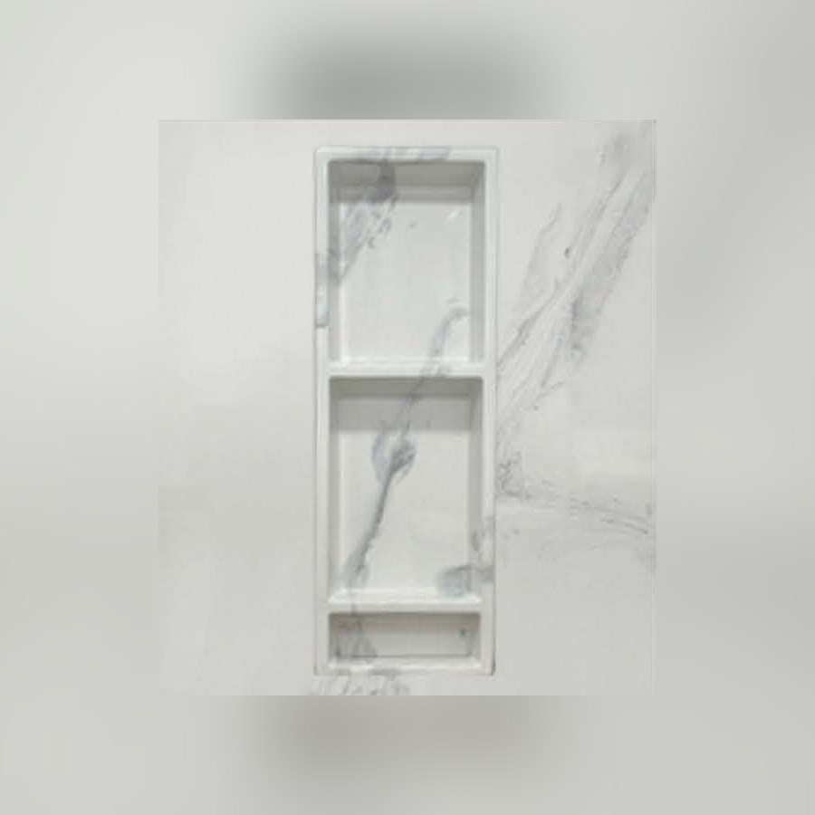 Tall two-compartment cultured marble shower niche in Carrara