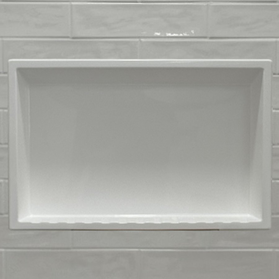 Wide landscape cultured marble shower niche set into a tiled wall