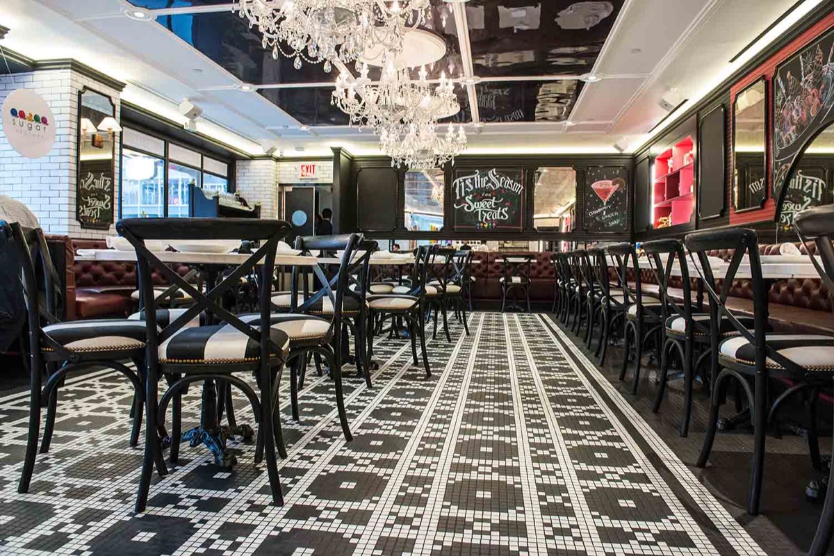 Upscale restaurant with marble tables