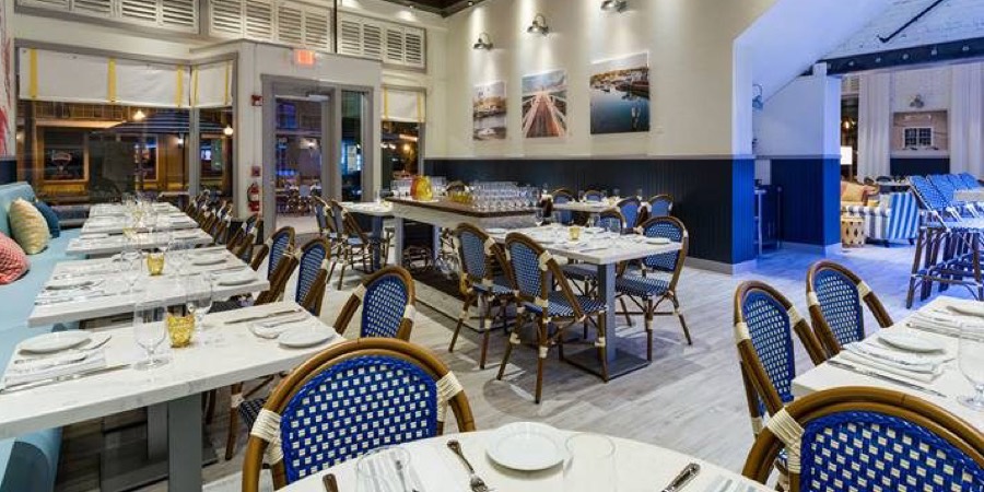 Restaurant dining room with marble tables