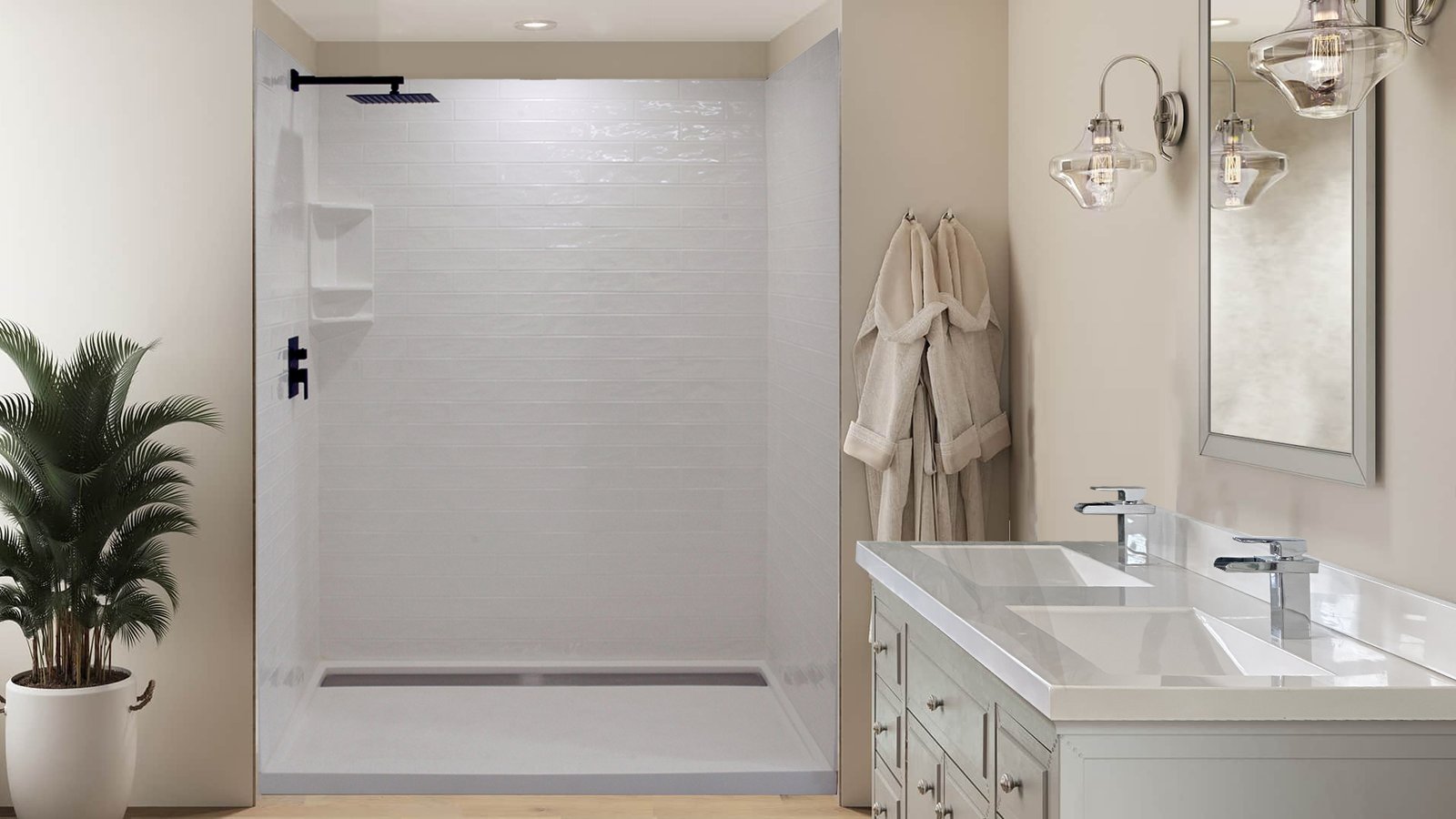 White cultured marble subway-panel shower with matching niche